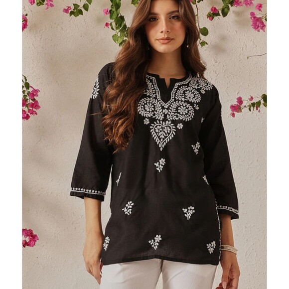 Ada Chikankari Hand Embroidered Tunic Top  Size XL  NWT  Black & Gray  Ethnic - Picture 11 of 13